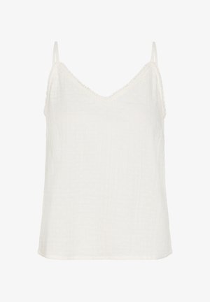Camisole blanche sans manches avec fines bretelles et un tissu subtilement texturé, présentée sur un fond uni.