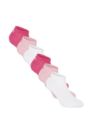 Sechs Paare Knöchelsocken in Weiß, Hellrosa und Dunkelrosa, diagonal auf einem weißen Hintergrund angeordnet.