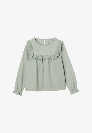 Langärmlige blouse in Salbeigrün mit gerafftem Spitzeinsatz am Schulterbereich und elastischen cuffs, Knopfverschluss auf der Rückseite.