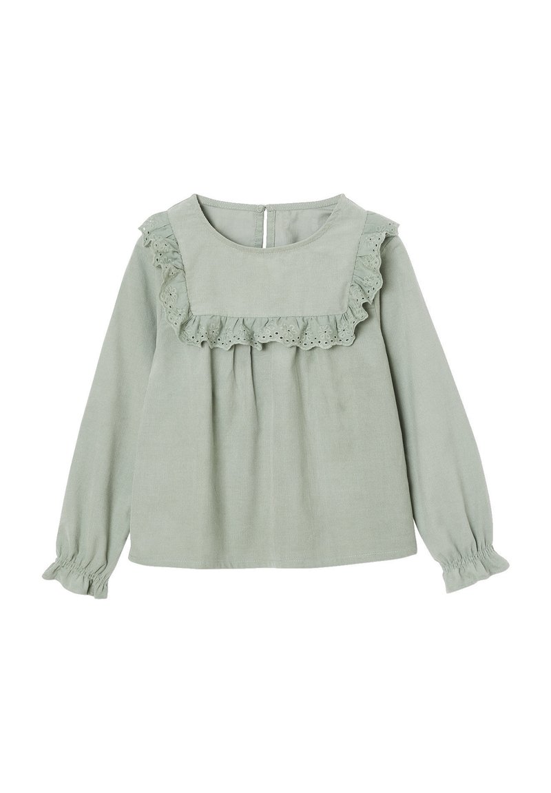Langärmlige blouse in Salbeigrün mit gerafftem Spitzeinsatz am Schulterbereich und elastischen cuffs, Knopfverschluss auf der Rückseite.