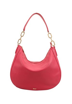 Sac hobo en cuir rose avec une texture lisse, une forme courbée et des accents de chaîne dorée sur la poignée. Comprend une fermeture zippée et des détails de logo.