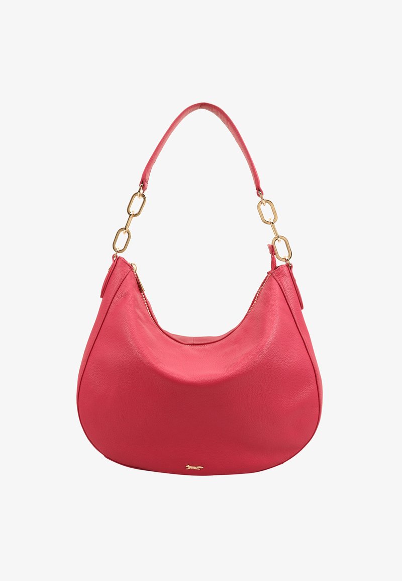 Roze leren hobo tas met een gladde textuur, gebogen vorm en gouden kettingaccenten op het handvat. Voorzien van een ritssluiting en logo-details.
