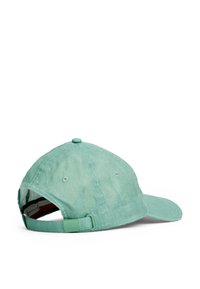 Cappello regolabile con un morbido tessuto verde menta testurizzato. Presenta una visiera arrotondata, occhielli di ventilazione e una banda interna a contrasto.