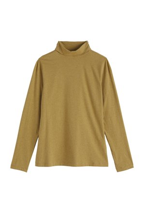 Mosterdgele lange mouwen coltop, gemaakt van zachte stof, met een losse pasvorm, een opgevouwen kraag en zonder zichtbare patronen of accenten.