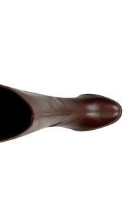 Stivale marrone in pelle altezza ginocchio con una texture liscia, punta affusolata e minimo dettaglio di cucitura. L'interno è nero e non foderato.