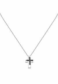 Collana in argento con ciondolo a forma di croce decorato con cristalli neri, design geometrico, superficie lucida e dettagli intricati.