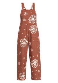 Bruine katoenen overall met een witte bloemenprint, brede pijpen, verstelbare schouderbanden en een aansluitend lijfje.