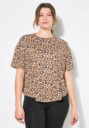 Dámský krátký rukáv s leopardím vzorem z měkkého materiálu, volného střihu a kulatým výstřihem, s mírně zakřiveným lemem.
