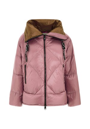 Giacca imbottita di un rosa soft con cappuccio marrone, dotata di zip frontale, due tasche con zip e cordini elasticizzati sul cappuccio.