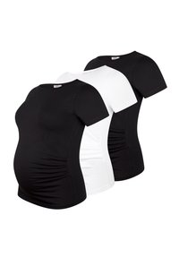 Drie zwangerschaps T-shirts in zwart en wit, met korte mouwen, ronde hals en zijruchering voor comfort en extra rek.