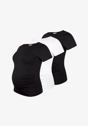 Tres camisetas de maternidad en negro y blanco, de manga corta, con cuello redondo y con fruncidos laterales para mayor comodidad y elasticidad.