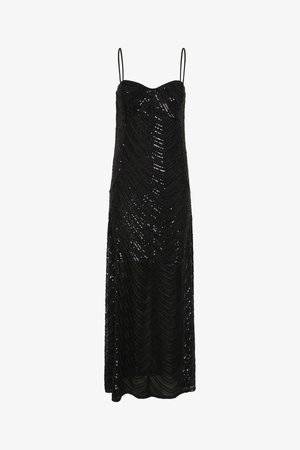 Schwarzes Paillettenkleid mit dünnen Spaghettiträgern, das ein enges Oberteil und einen fließenden Rock hat, der mit einem Wellenmuster verziert ist.