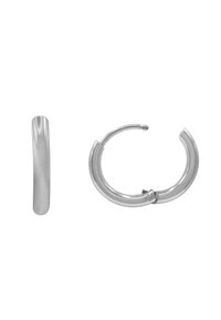 Orecchini a cerchio in argento con un design elegante e lucido, dotati di una chiusura sicura, con una forma arrotondata e una texture liscia.