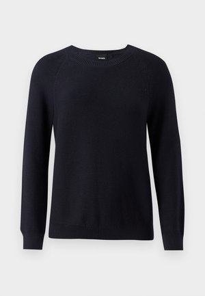 Tumesinine koonusvarrega kootud sviiter, millel on ümar kaelus, pikad varrukad ning soonikkoes krae ja alläär. Kangas on tekstuuriga, mis katab kogu materjali.