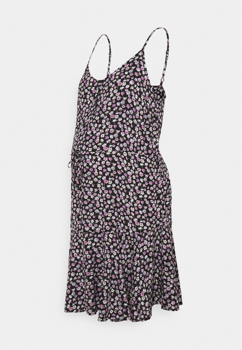 Robe de maternité noire sans manches avec imprimé floral rose et blanc et bretelles fines réglables.