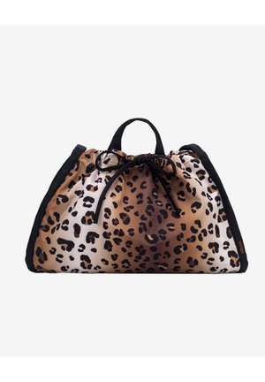 Sac à cordon imprimé léopard dans des tons marron et beige, avec une bordure noire et deux anses pour un transport facile.