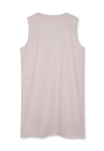 Débardeur sans manches rose pâle, confectionné dans un tissu doux et texturé ; il présente un col rond et une coupe décontractée avec un ourlet légèrement arrondi.