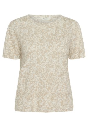 Bežs ziedu apdrukas T-krekls ar īsām piedurknēm, apaļo kakla izgriezumu un mīkstu, vieglu audumu ar smalku tekstūru.