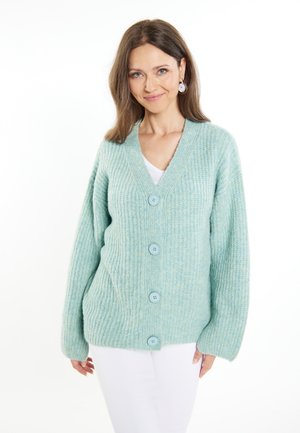 Helles blaues Strickcardigan mit V-Ausschnitt, fünf großen Knöpfen und langen Ärmeln. Verfügt über eine gerippte Struktur und einen lockeren Schnitt.