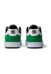 Green and white sneakers featuring a smooth upper, black accents, a white midsole, and a small black logo on the heel.