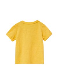 Korte mouwen gele t-shirt van zachte stof met een gestructureerde afwerking, voorzien van een ronde halslijn en gestikte zomen.