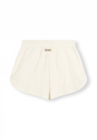 Pantaloni corti color crema in un morbido tessuto testurizzato con una vestibilità rilassata. Presentano una vita elastica e un piccolo logo del marchio sul davanti.