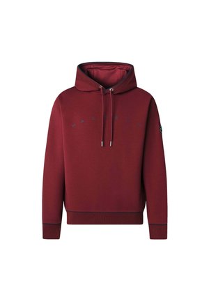 Burgundská mikina s kapucí a šňůrkami, s žebrovanými manžetami a spodním lemem. Na hrudi je značkový název v tmavě modré barvě. Měkká textura.