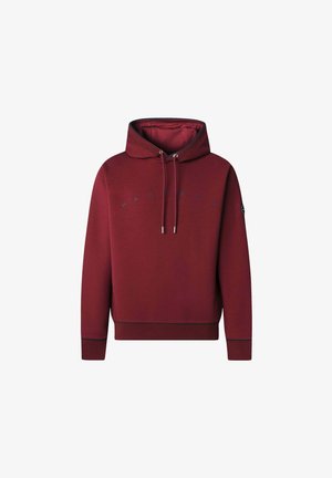 Burgundowa bluza z kapturem ze sznurkiem, z prążkowanymi mankietami i dołem. Na piersi widnieje nazwa marki w ciemnym niebieskim kolorze. Miękka faktura.