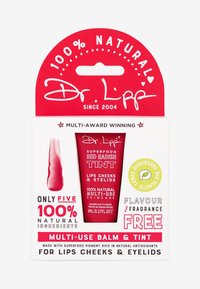 Multi-use balm in a red tube on a white and red packaging. Text highlights 100% natural ingredients, usage for lips, cheeks, and eyelids.