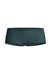 Donkergroene zwembroek met een gladde textuur, middelhooge taille en horizontale naden. Heeft een klein logo aan de linkerkant.