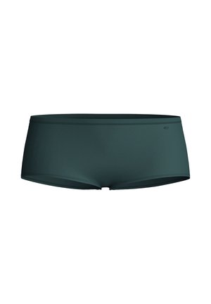 Costumi da bagno verde scuro con una texture liscia, vita media e cuciture orizzontali. Presenta un piccolo logo sul lato sinistro.