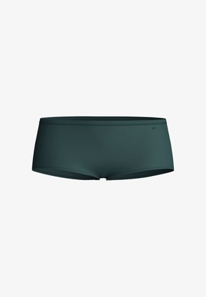 Shorts de bain vert foncé avec une texture lisse, taille mi-haute et coutures horizontales. Présente un petit logo sur le côté gauche.