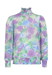 Blouse transparente à motifs floraux présentant des roses violettes, bleues et vertes. Encolure haute avec volants, manches longues avec poignets élastiques et ourlet smocké.