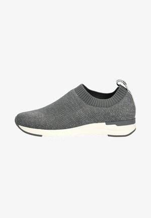 Zapato gris de punto sin cordones con parte superior texturizada, suela exterior blanca contrastante y una lengüeta en el talón para facilitar su uso.