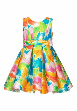Ärmelloses Mädchenkleid mit tailliertem Oberteil und ausgestelltem Rock in einem lebhaften Blumenmuster aus Blau-, Pink-, Orange-, Grün- und Gelbtönen.