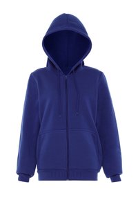 Donkerblauwe zip-up hoodie van zachte stof, voorzien van een capuchon, twee voorzakken en trekkoorden voor aanpassing.