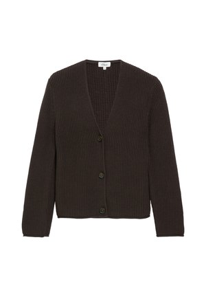 Cardigan tricoté marron foncé à manches longues avec trois boutons devant, doté d'un col en V et d'un tissu texturé.