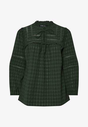 Blusa a maniche lunghe verde scuro con motivo a quadretti, inserti in pizzo sulle maniche e sul petto, yoke arricciato e scollatura a chiave con fiocco.