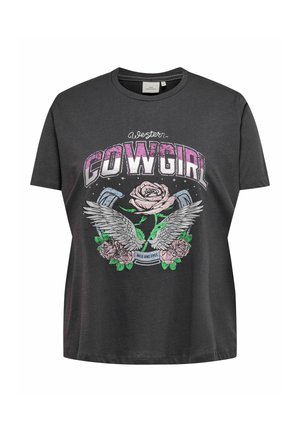 Gray cotton T-shirt featuring a graphic design of the words "Western Cowgirl," roses, wings, and a horseshoe in various colors.