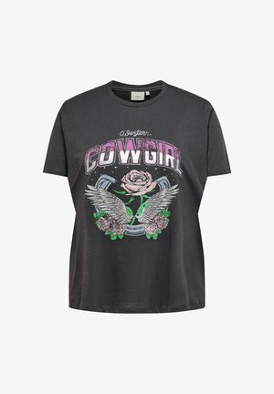 Grå bomull T-skjorte med grafisk design av ordene "Western Cowgirl", roser, vinger og en hestesko i forskjellige farger.