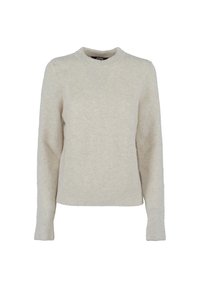 Maglioncino beige chiaro realizzato in materiale morbido e testurizzato. Presenta un colletto rotondo e maniche lunghe, con polsini e orlo a costine.