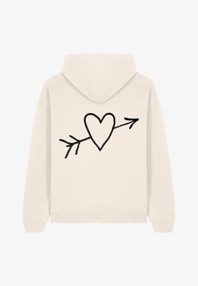 Hoodie couleur crème avec un design de cœur noir avec une flèche au dos, fabriqué en tissu doux avec des poignets et une taille côtelés.