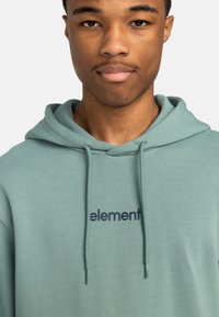 Mint green hoodie featuring a drawstring hood, soft texture, and a small navy logo reading "element" on the chest. Casual fit.