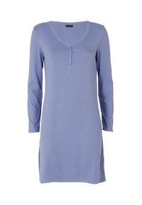 Abito a maniche lunghe rigato di colore azzurro chiaro con scollo a V e patta con quattro bottoni. Tessuto morbido e orlo dritto con spacchi laterali per una maggiore libertà di movimento.