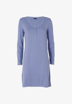 Abito a maniche lunghe rigato di colore azzurro chiaro con scollo a V e patta con quattro bottoni. Tessuto morbido e orlo dritto con spacchi laterali per una maggiore libertà di movimento.