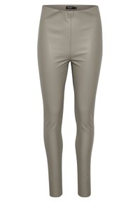 Leżące slim-fit legginsy z sztucznej skóry w kolorze taupe, z wysokim stanem i bez widocznych kieszeni czy zapięć.