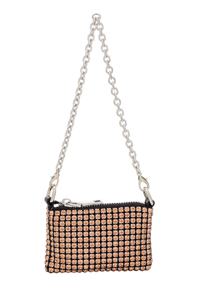 Black and rose gold handbag with a mesh-like design, featuring a chain strap, zip closure, and decorative rhinestones.