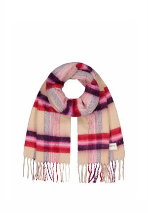 Soft scarf with beige, pink, red, and purple stripes and fringed ends, looped with a small fabric label on one side.