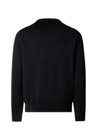 Sort langærmet crewneck-trøje vist bagfra med ribbede manchetter og linning på en hvid baggrund.