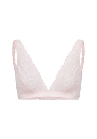 Lace bralette in soft pink with a V-shaped neckline, adjustable straps, and a smooth underband. Floral pattern adorns the fabric.